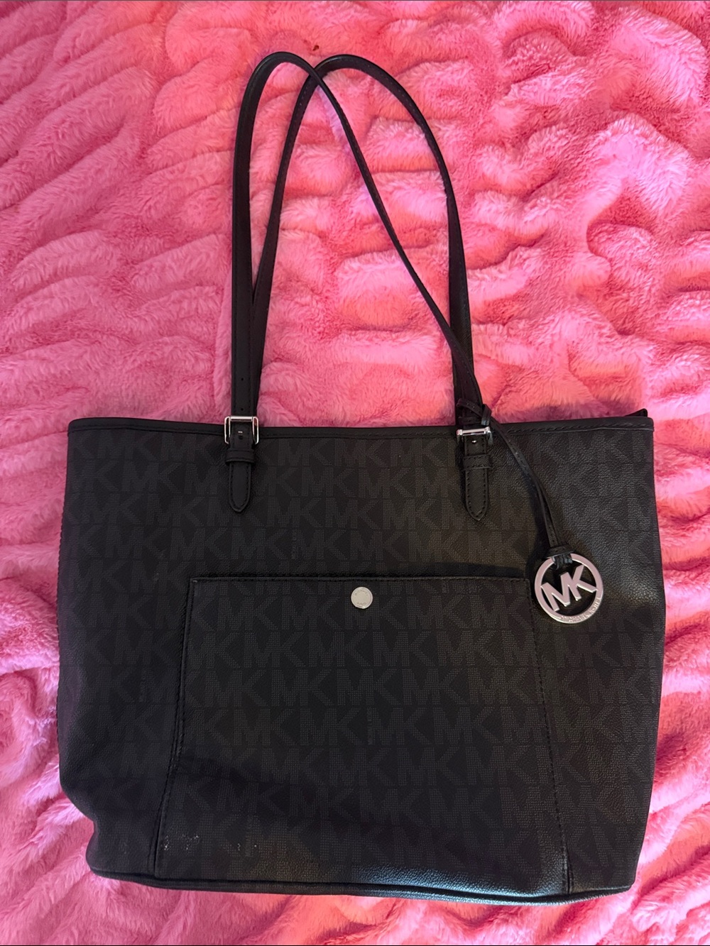 Michael Kors Black MK Logo Tote with Front Pocket